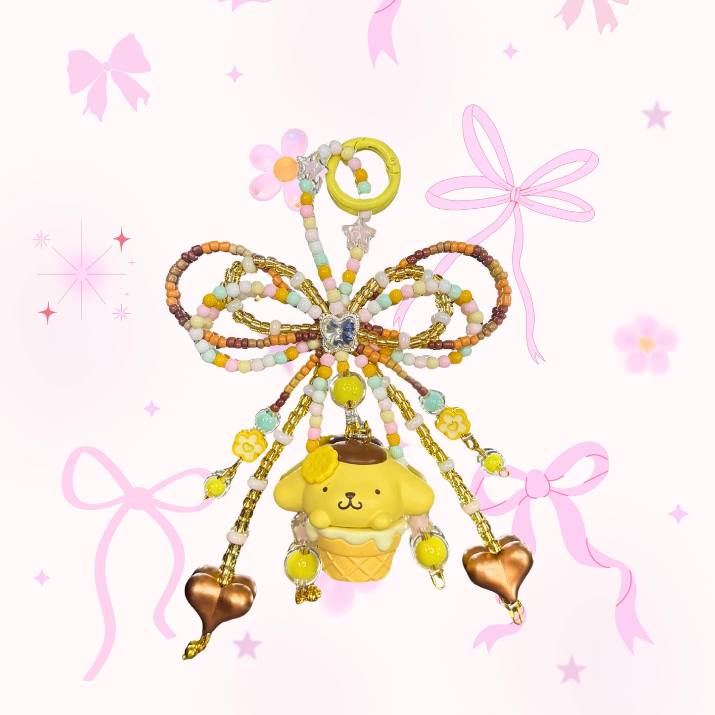 Pompompurin Beaded Bow Bag Charm | Authentic Sanrio Figure | Handmade Kawaii Accessory