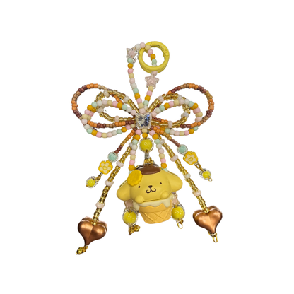 Pompompurin Beaded Bow Bag Charm | Authentic Sanrio Figure | Handmade Kawaii Accessory