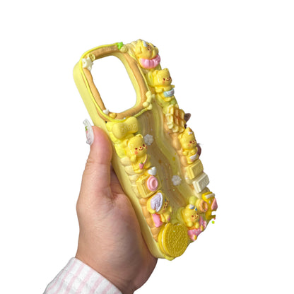 ButterBear Decoden Phone Case – Handmade Whimsical Yellow 3D Kawaii Bear Case with Waffles, Milk & Biscuits – Cute Cover for Any Phone Model