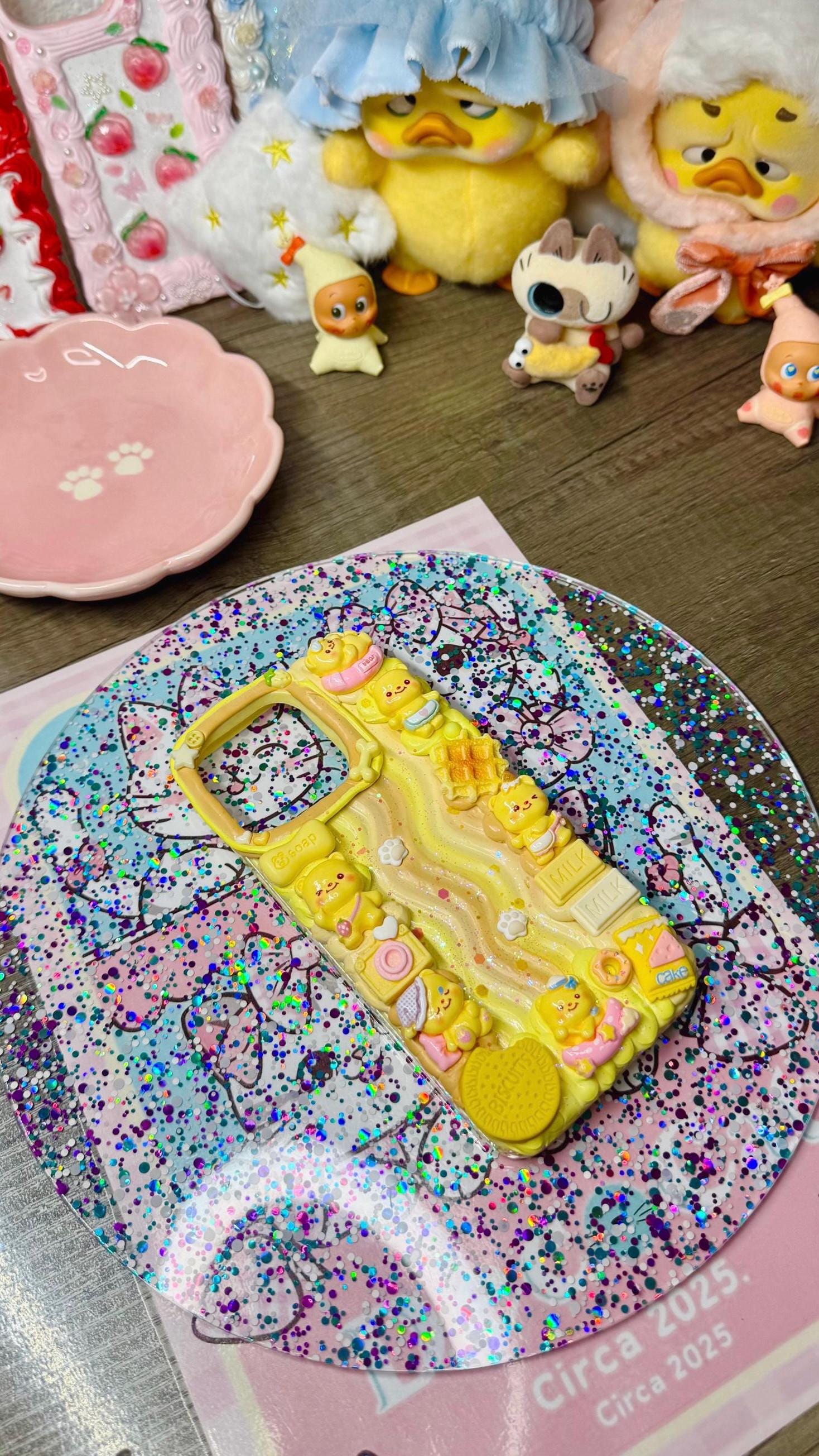ButterBear Decoden Phone Case – Handmade Whimsical Yellow 3D Kawaii Bear Case with Waffles, Milk & Biscuits – Cute Cover for Any Phone Model