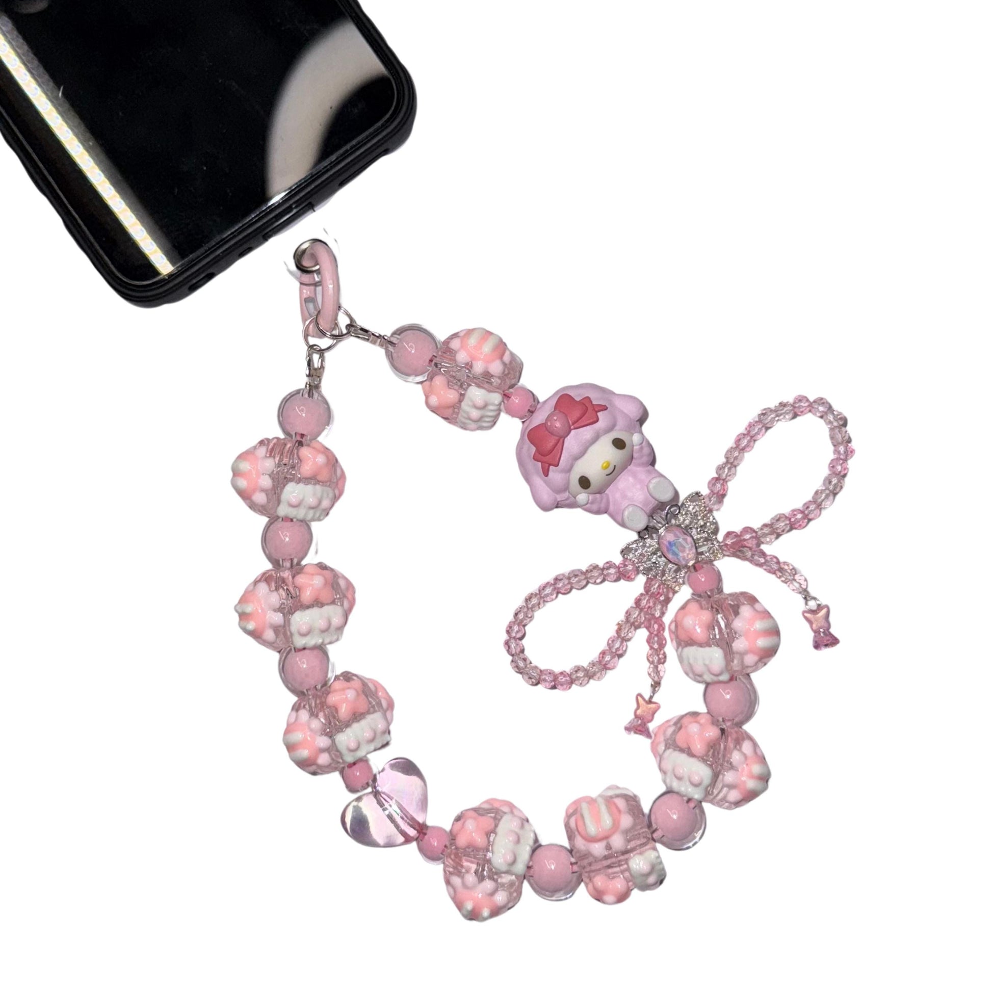 My Sweet Piano Phone Strap | Kawaii Pink Beaded Phone Charm with Bow | Sanrio-Inspired Phone Wristlet | Cute Phone Chain