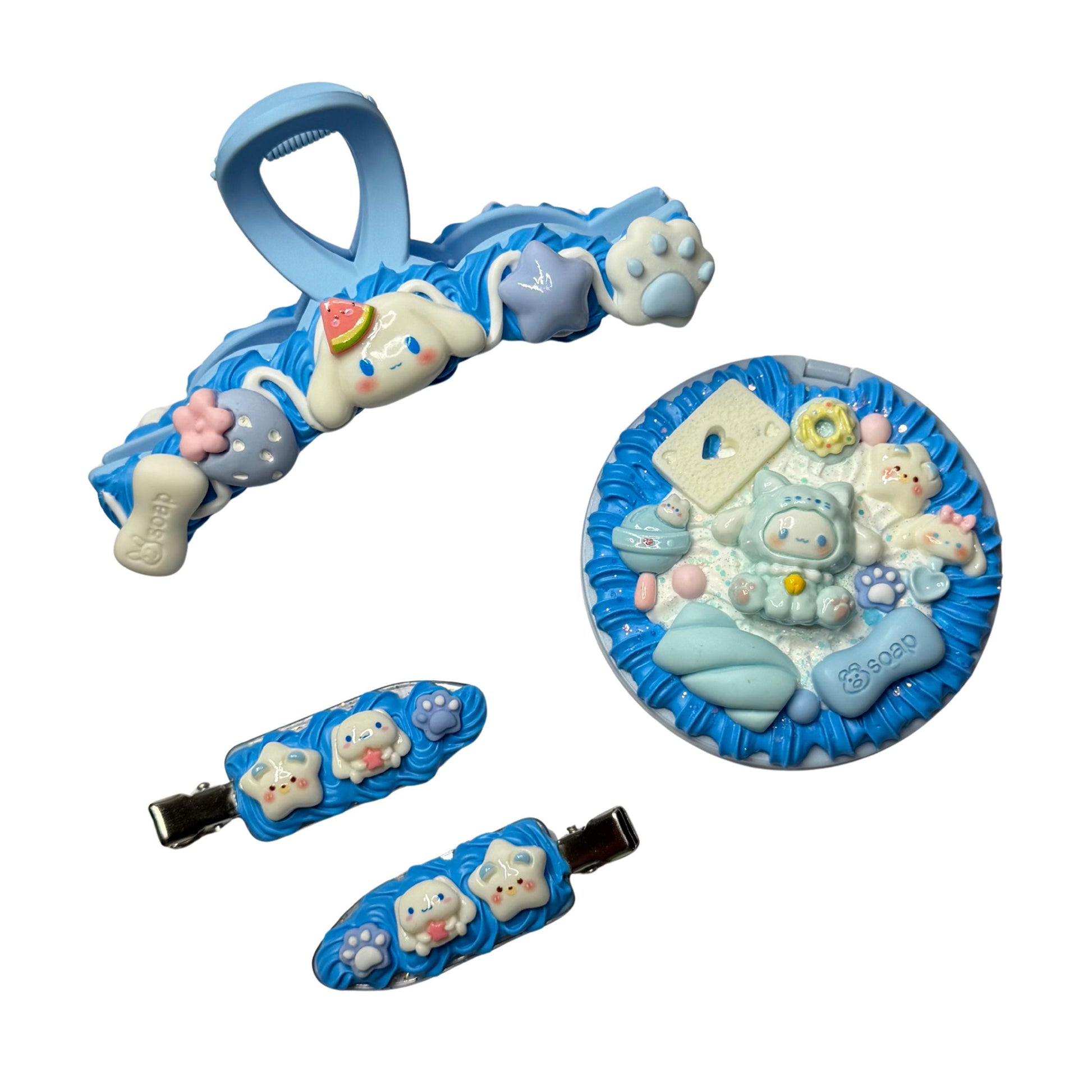 Cinnamoroll Beauty Bundle | Decoden Hair Claw, Pocket Mirror & Hair Clips Set | Complete Kawaii Gift Set