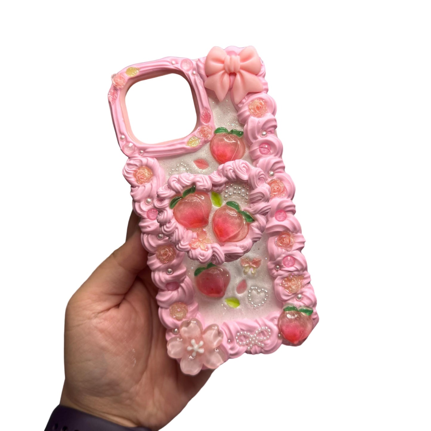 Life is Peachy | Pink Floral Peach Decoden Phone Case | Cute Kawaii Handmade Cover for iPhone & Android