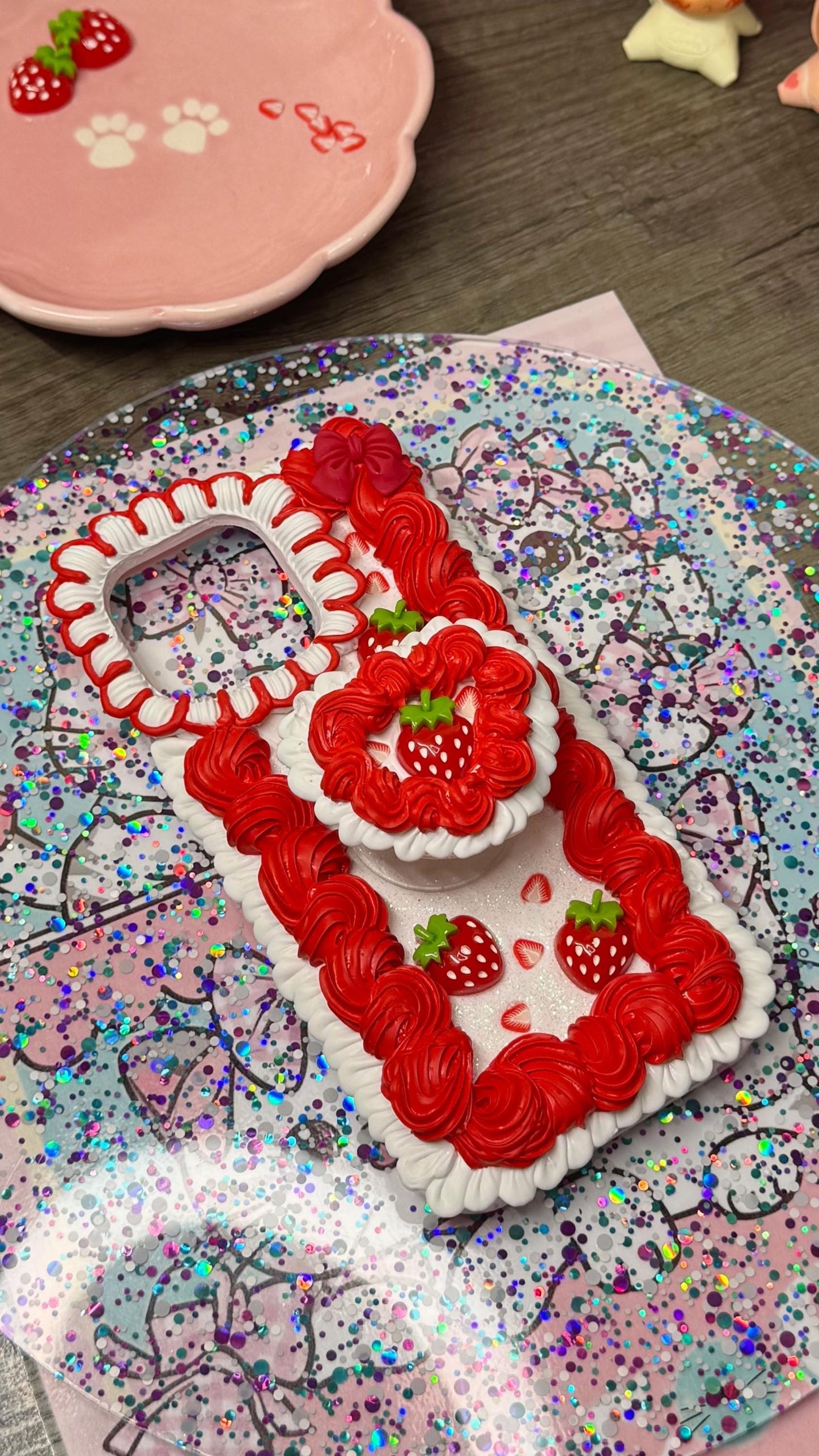 Strawberries and Cream Decoden Phone Case – Whipped Cream Style, Kawaii Berry Case, Handmade 3D Strawberry Case for Any Phone Model