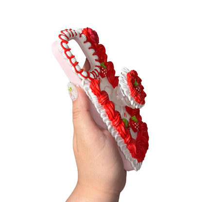 Strawberries and Cream Decoden Phone Case – Whipped Cream Style, Kawaii Berry Case, Handmade 3D Strawberry Case for Any Phone Model