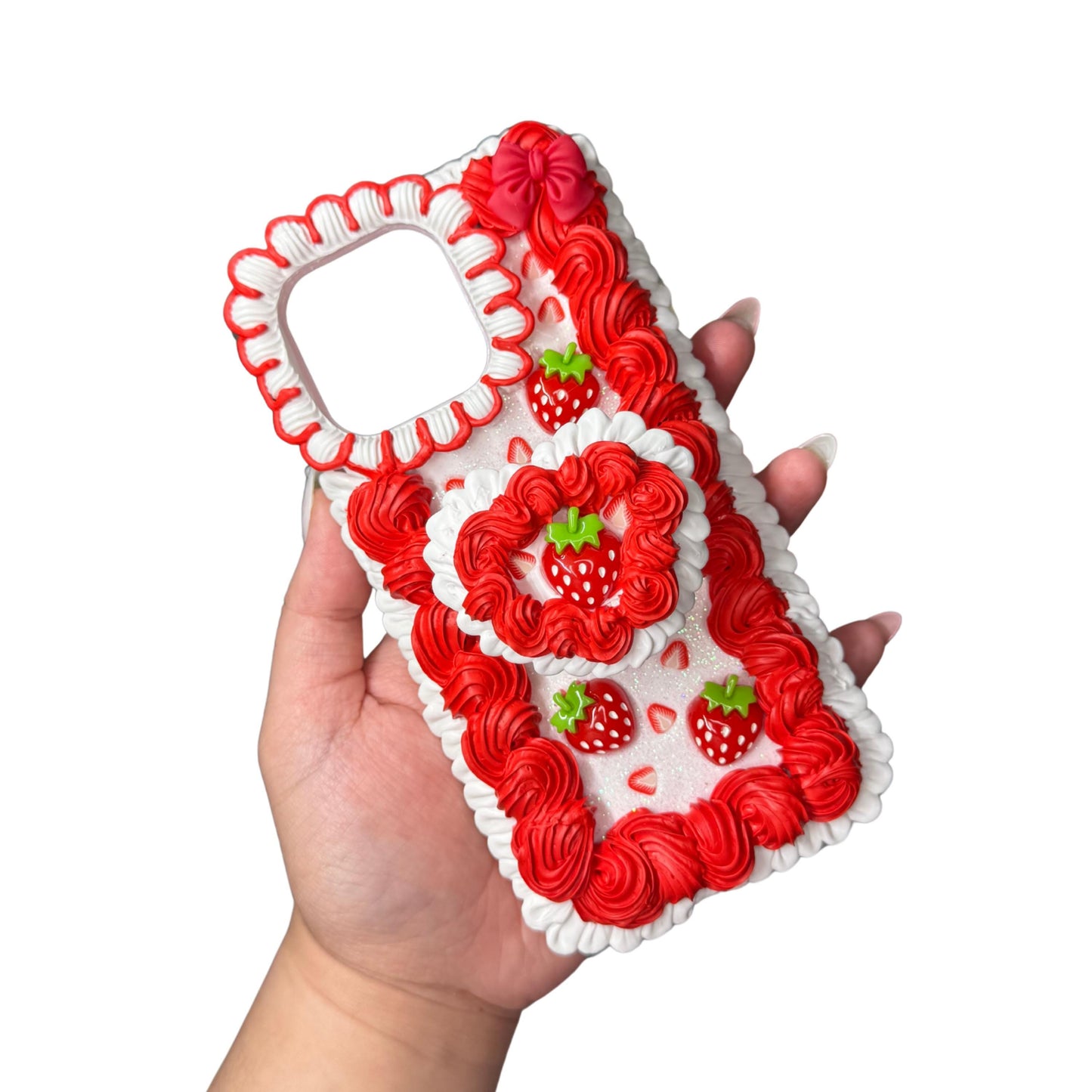 Strawberries and Cream Decoden Phone Case – Whipped Cream Style, Kawaii Berry Case, Handmade 3D Strawberry Case for Any Phone Model