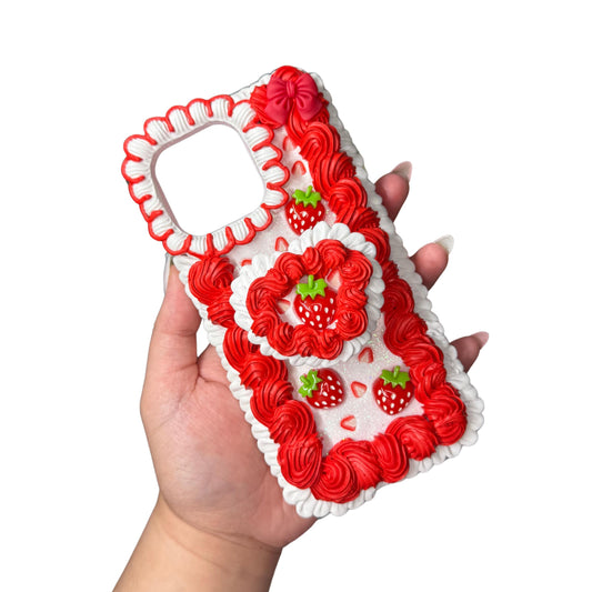 Strawberries and Cream Decoden Phone Case – Whipped Cream Style, Kawaii Berry Case, Handmade 3D Strawberry Case for Any Phone Model