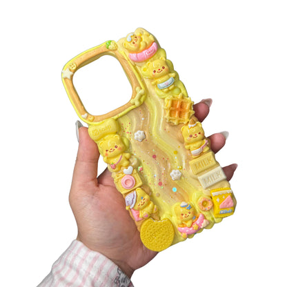 ButterBear Decoden Phone Case – Handmade Whimsical Yellow 3D Kawaii Bear Case with Waffles, Milk & Biscuits – Cute Cover for Any Phone Model