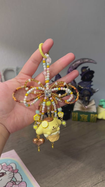 Pompompurin Beaded Bow Bag Charm | Authentic Sanrio Figure | Handmade Kawaii Accessory