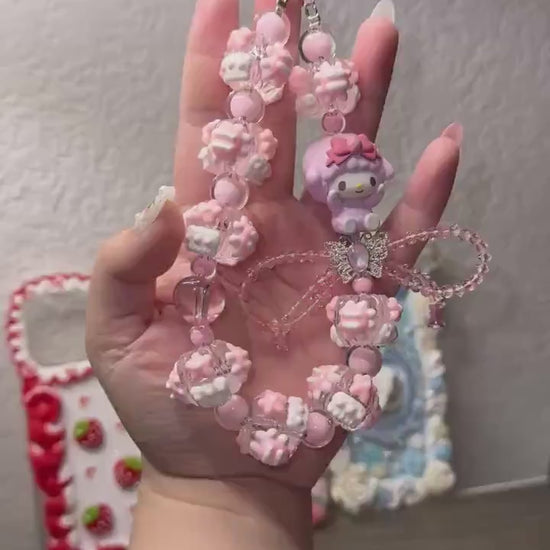 My Sweet Piano Phone Strap | Kawaii Pink Beaded Phone Charm with Bow | Sanrio-Inspired Phone Wristlet | Cute Phone Chain
