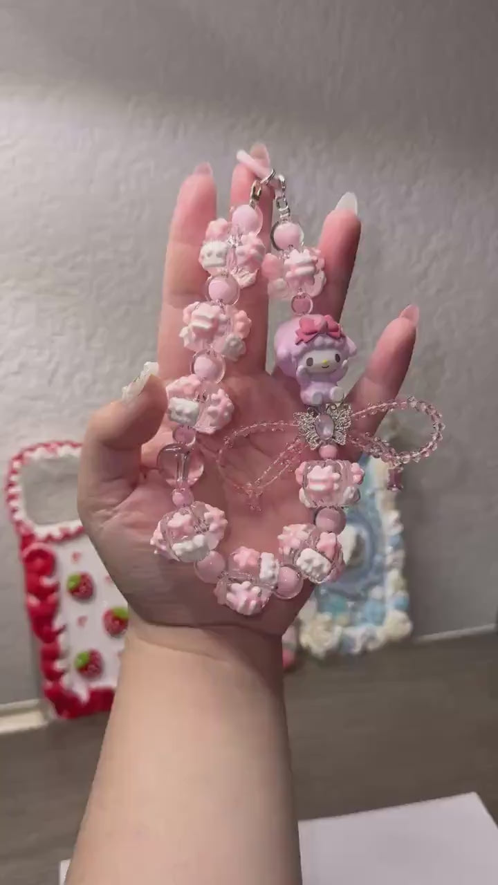 My Sweet Piano Phone Strap | Kawaii Pink Beaded Phone Charm with Bow | Sanrio-Inspired Phone Wristlet | Cute Phone Chain