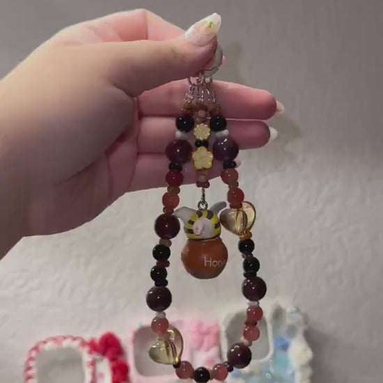 Mofusand Beaded Phone Strap | Honey Pot Charm Phone Wristlet | Cute Cat Bead Phone Charm | Kawaii Phone Chain and Bag Accessory