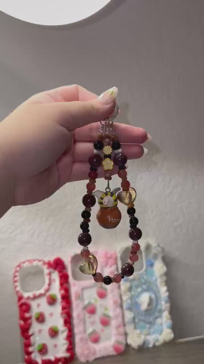 Mofusand Beaded Phone Strap | Honey Pot Charm Phone Wristlet | Cute Cat Bead Phone Charm | Kawaii Phone Chain and Bag Accessory