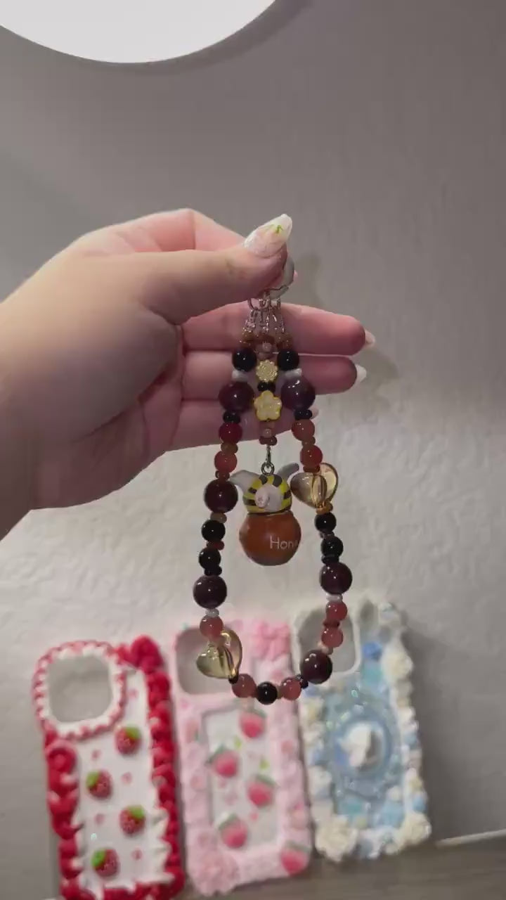 Mofusand Beaded Phone Strap | Honey Pot Charm Phone Wristlet | Cute Cat Bead Phone Charm | Kawaii Phone Chain and Bag Accessory