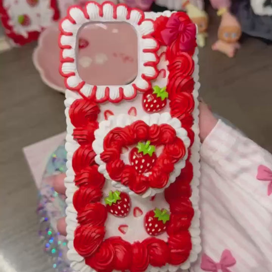 Strawberries and Cream Decoden Phone Case – Whipped Cream Style, Kawaii Berry Case, Handmade 3D Strawberry Case for Any Phone Model