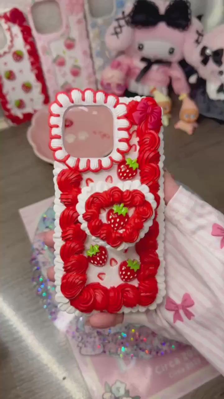 Strawberries and Cream Decoden Phone Case – Whipped Cream Style, Kawaii Berry Case, Handmade 3D Strawberry Case for Any Phone Model