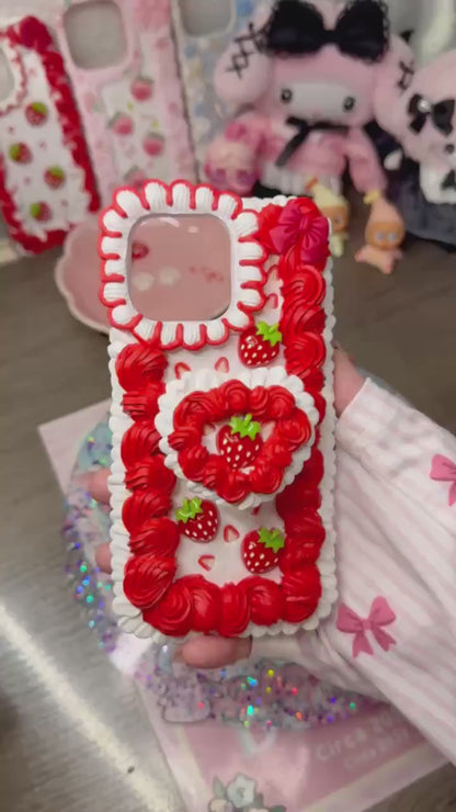 Strawberries and Cream Decoden Phone Case – Whipped Cream Style, Kawaii Berry Case, Handmade 3D Strawberry Case for Any Phone Model