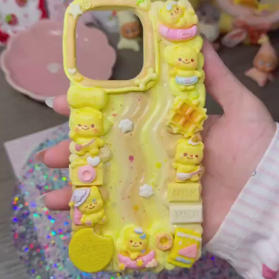 ButterBear Decoden Phone Case – Handmade Whimsical Yellow 3D Kawaii Bear Case with Waffles, Milk & Biscuits – Cute Cover for Any Phone Model