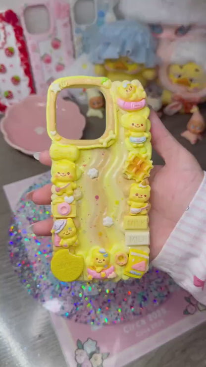 ButterBear Decoden Phone Case – Handmade Whimsical Yellow 3D Kawaii Bear Case with Waffles, Milk & Biscuits – Cute Cover for Any Phone Model