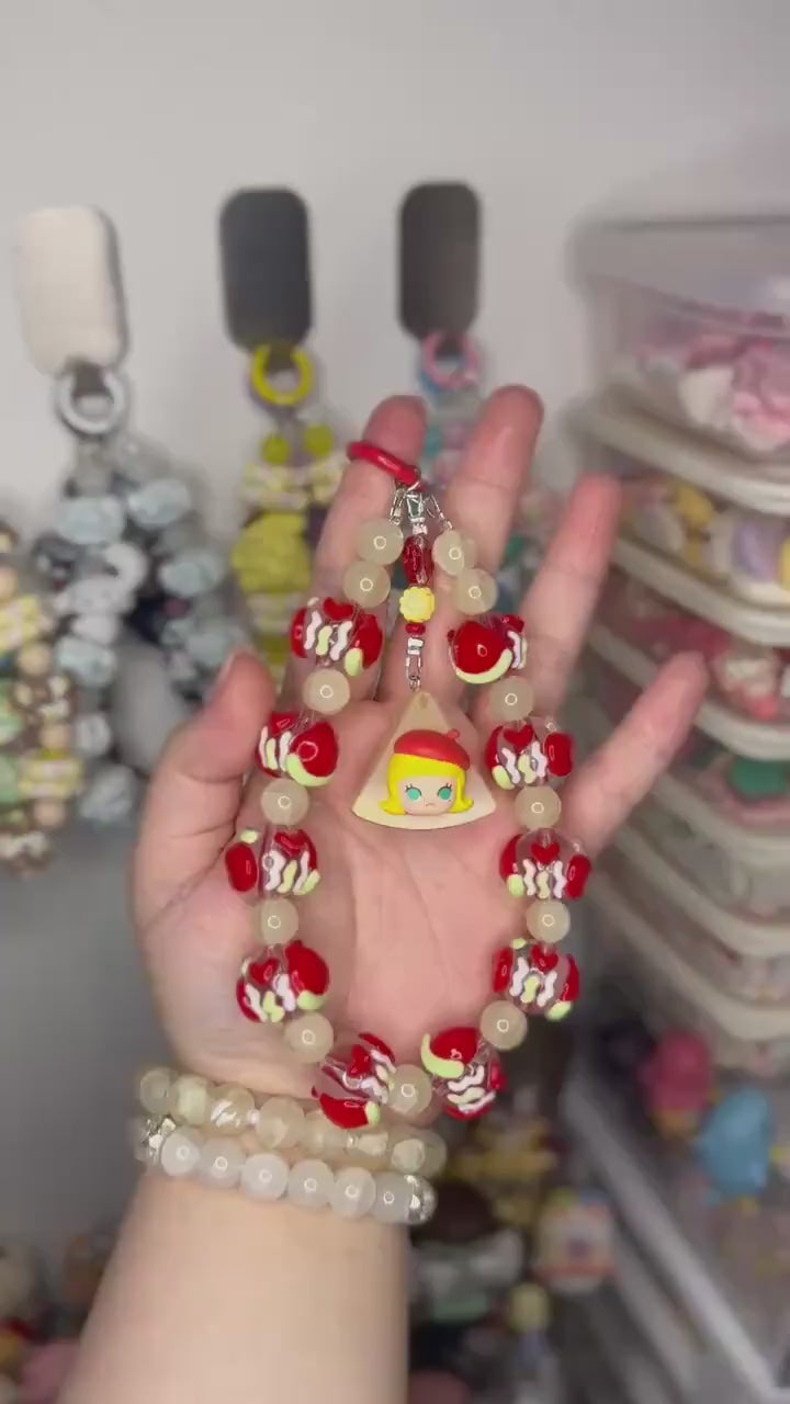Molly Red Apple Phone Strap | Beaded Phone Chain | Keychain | PopMart Pop Bean Fruit Platter Series | Wirstlet | Beaded Phone Strap